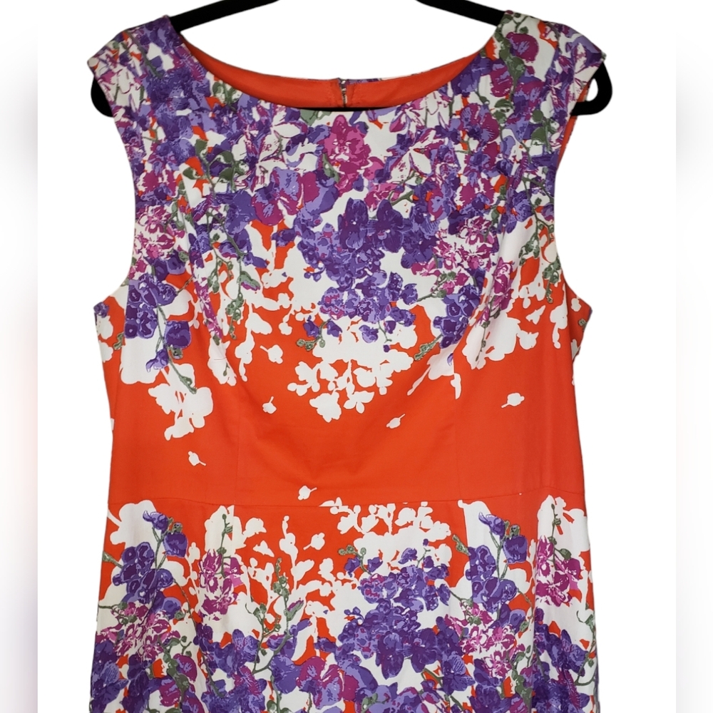 Adrianna Papell Red Purple Floral Midi Sheath Sleeveless Dress Lined Size 16 - Picture 4 of 8